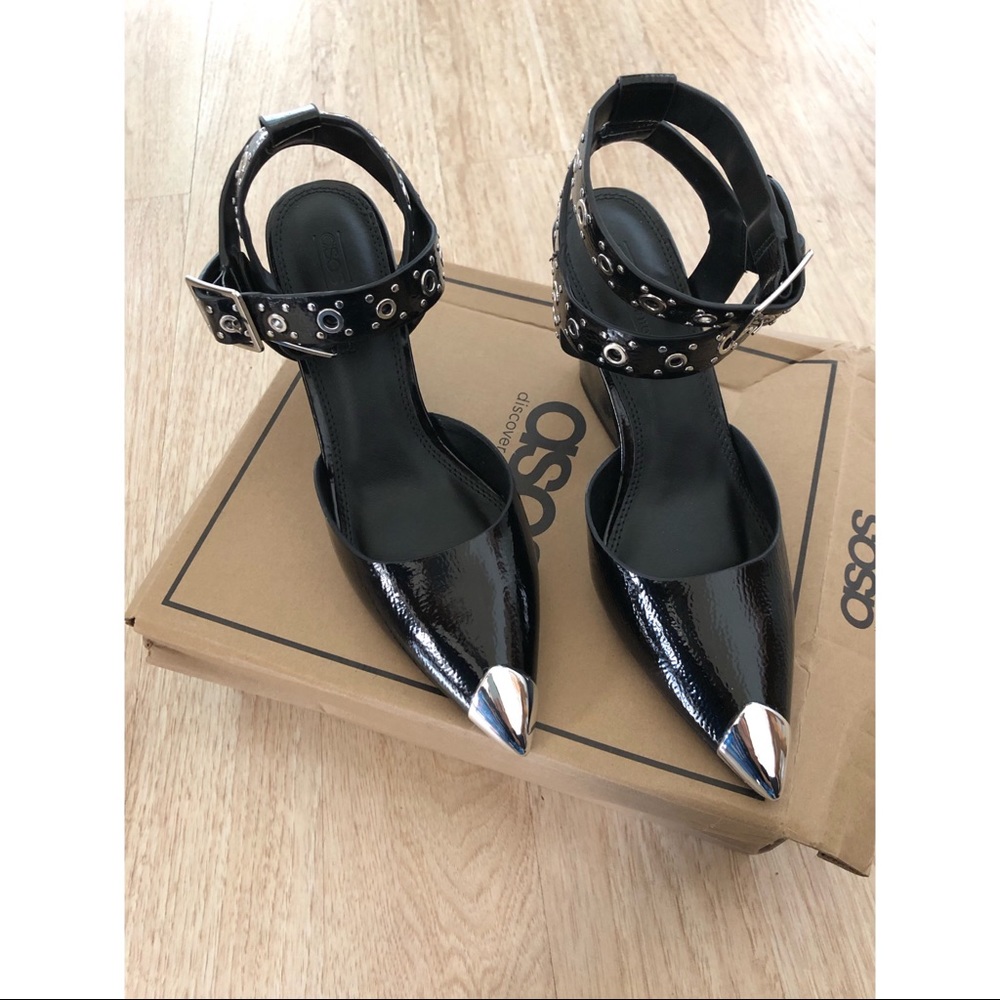 ASOS design western mid heels in black patent
